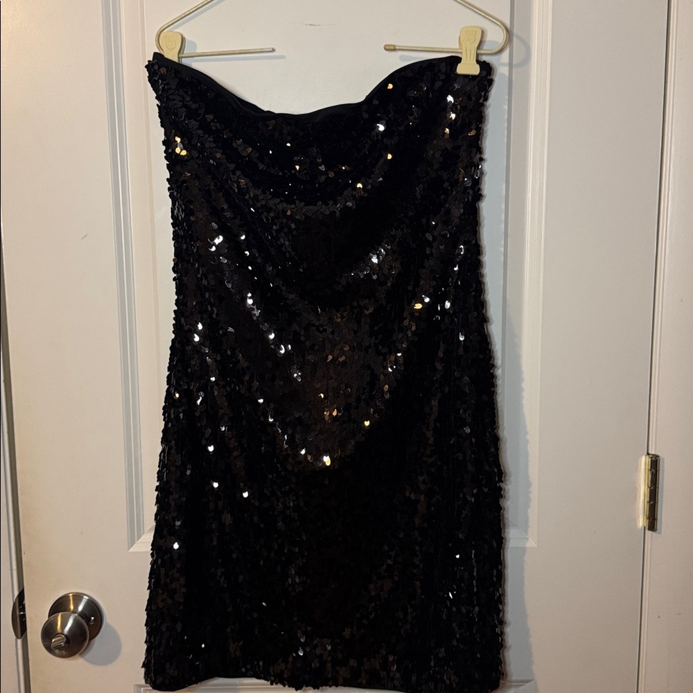 Aidan Mattox Solid Black Sequin Mini Strapless Dr… - image 3